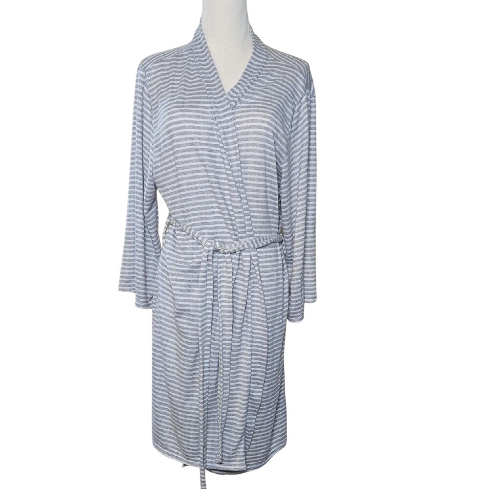 Tahari Gray and‎ White Stripped Robe Cozy Comfy Large